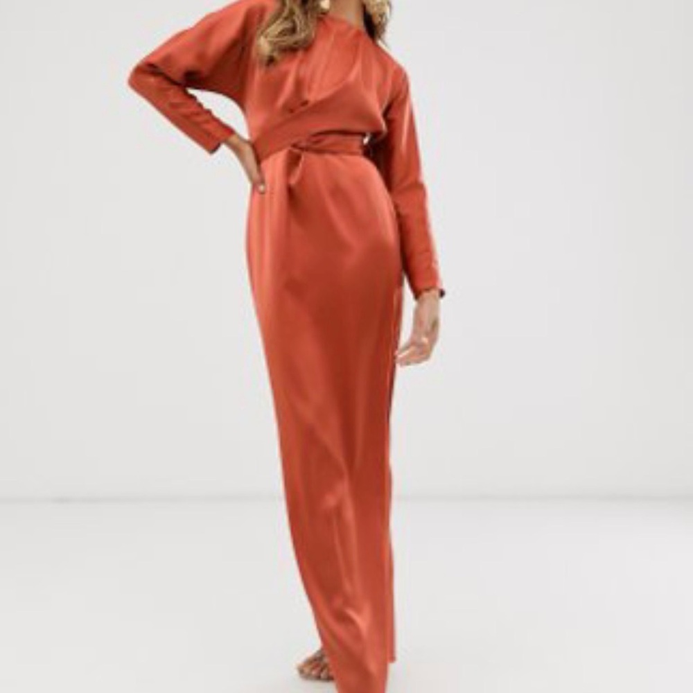 ASOS DESIGN satin maxi dress with batwing sleeve and wrap waist in rust